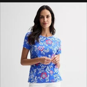Croft & Barrow Essential Crewneck Tee Color: Blue Retro Floral, Size: LARGE EUC